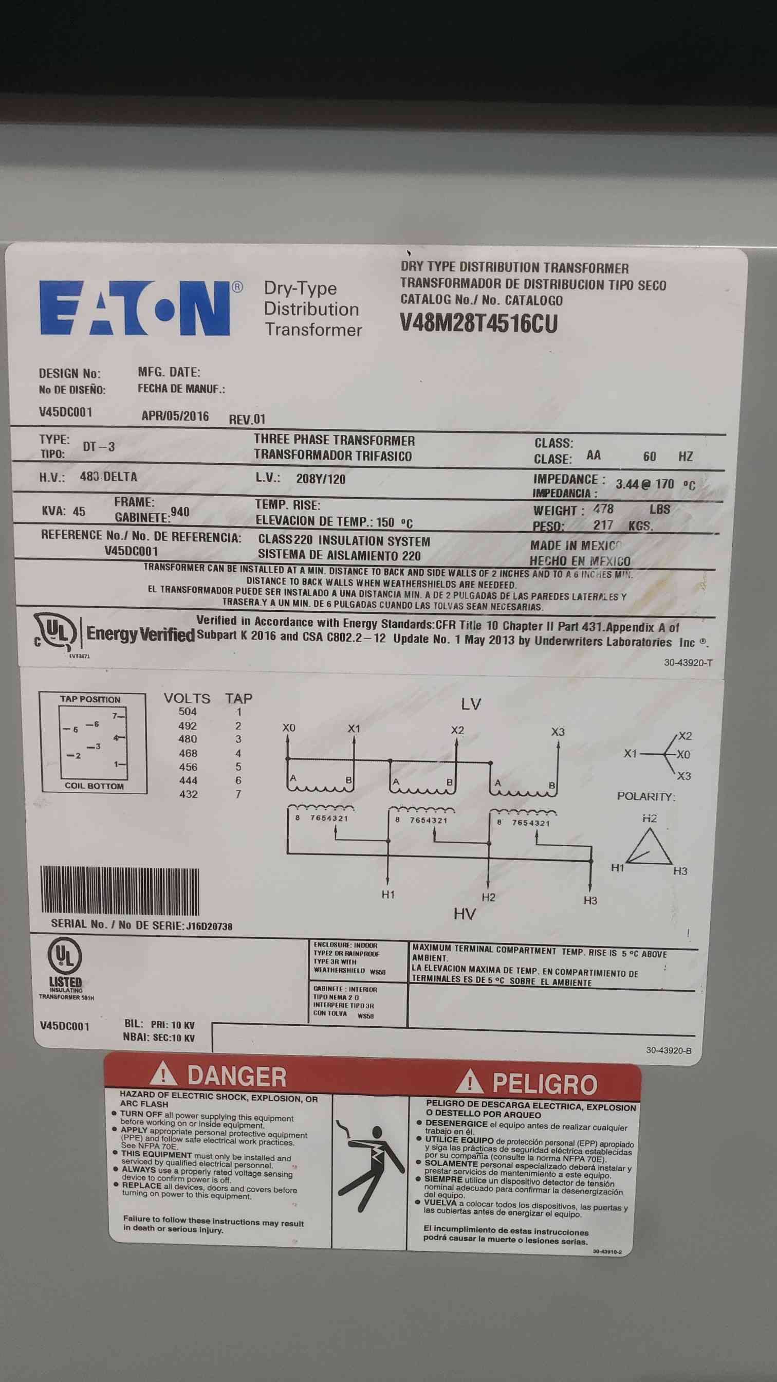 45 KVA 480 Primary, 208Y/120 Secondary, Eaton V48M28T4516CU, Dry Type, 3PH - Image 2