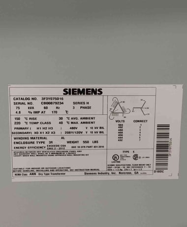 75 KVA 480 Primary, 208Y/120 Secondary, Siemens 3F3Y075D16, Dry Type, NEMA 3R, 3PH - Image 3