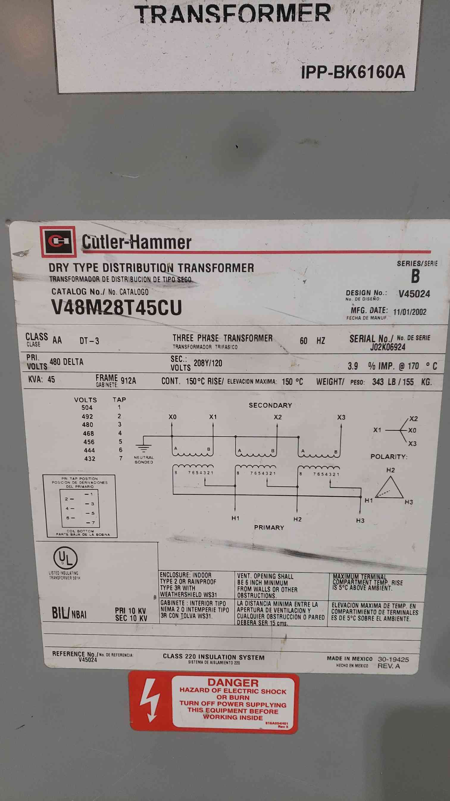 45 KVA 480 Primary, 208Y/120 Secondary, Cutler-Hammer V48M28T45CU, 3PH (4 available) - Image 2