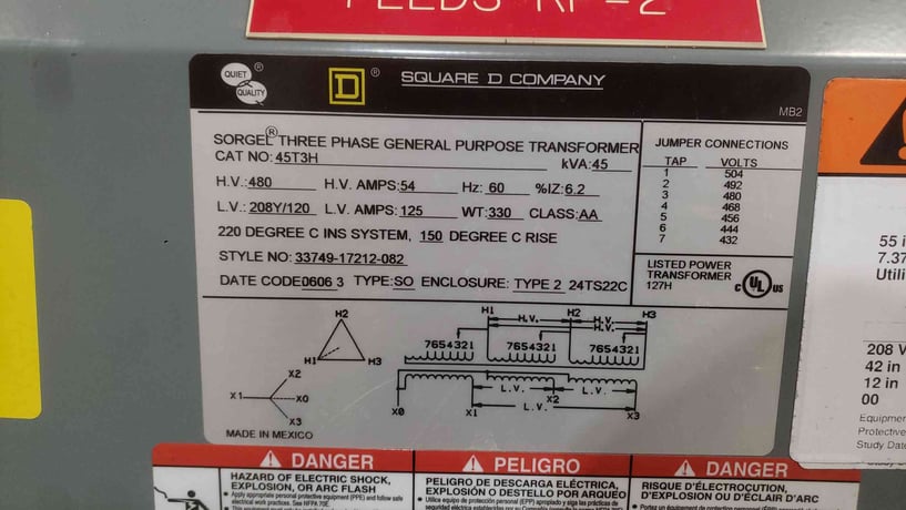 45 KVA 480 Primary, 208Y/120 Secondary, Square D 45T3H Sorgel, Dry Type, 3PH - Image 2