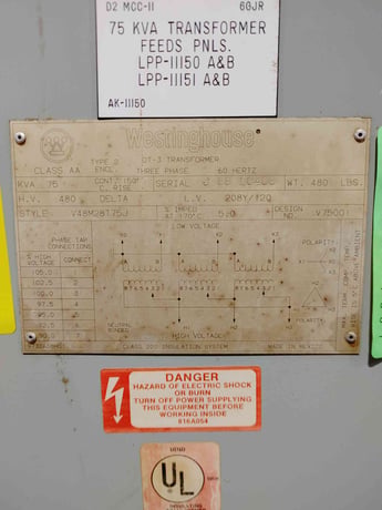75 KVA 480 Primary, 208Y/120 Secondary, Westinghouse V48M28T75J, DT-3, 3PH - Image 3