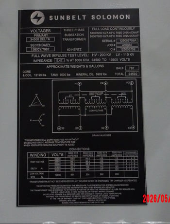5000/5600 KVA 34500 Delta Primary, 13800Y/7967 Secondary, Sunbelt Solomon - Image 3