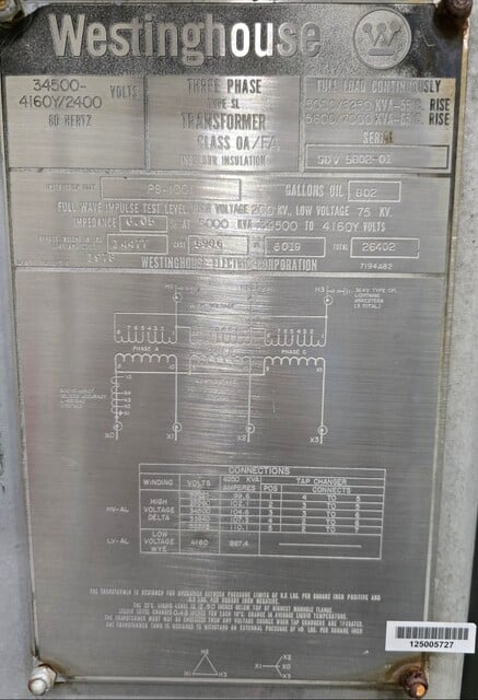 5000/5600 KVA 34500 Delta Primary, 4160Y/2400 Secondary, Westinghouse - Image 2