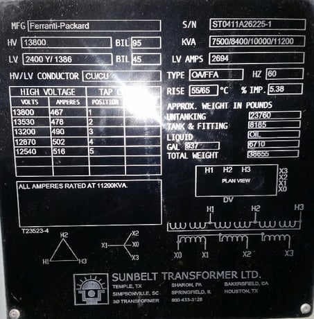 7500/11200 KVA 13800 Delta Primary, 2400Y/1386 Secondary, Sunbelt - Image 1