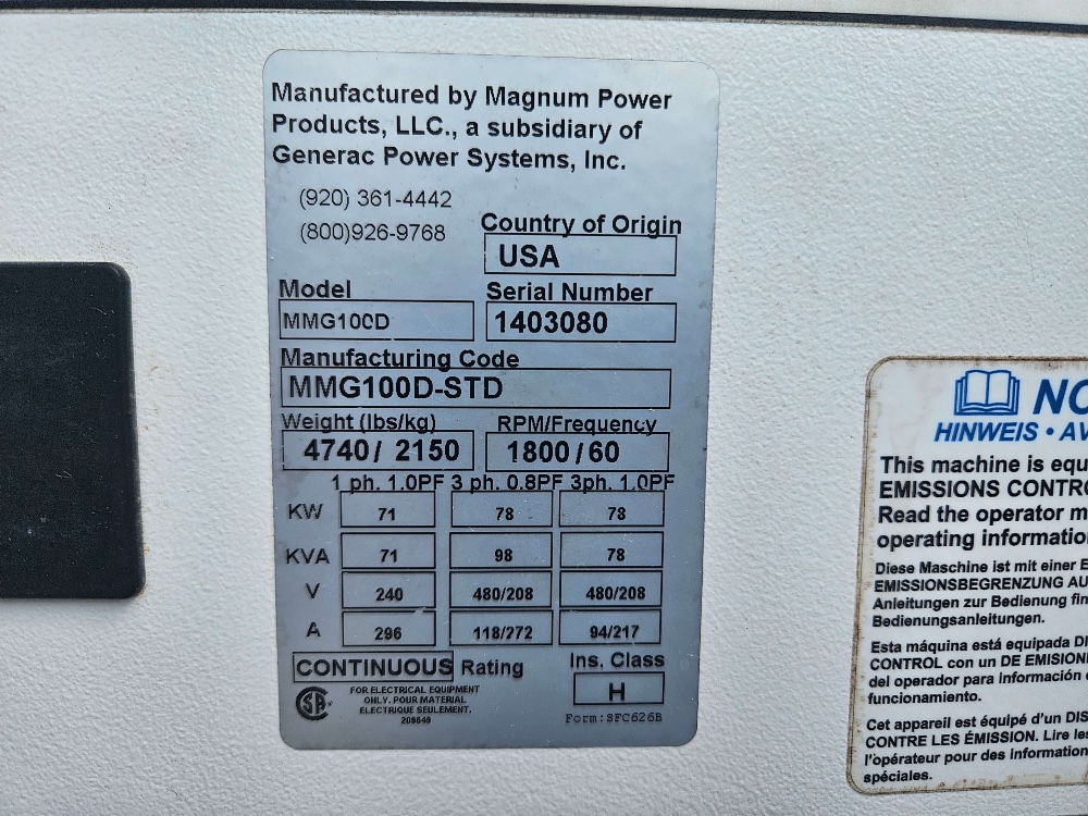 86 kW Magnum #MMG100D, Diesel Generator, Trailer Mounted, Tier 4i, sound attenuated enclosure - Image 8