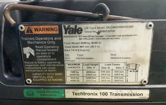 4550 lb. Yale #GLC050VXNVSE085, Propane Forklift, 48" x 4" Forks, 194.9" Lift Height, 24" Mast Height, 20,420 - Image 3