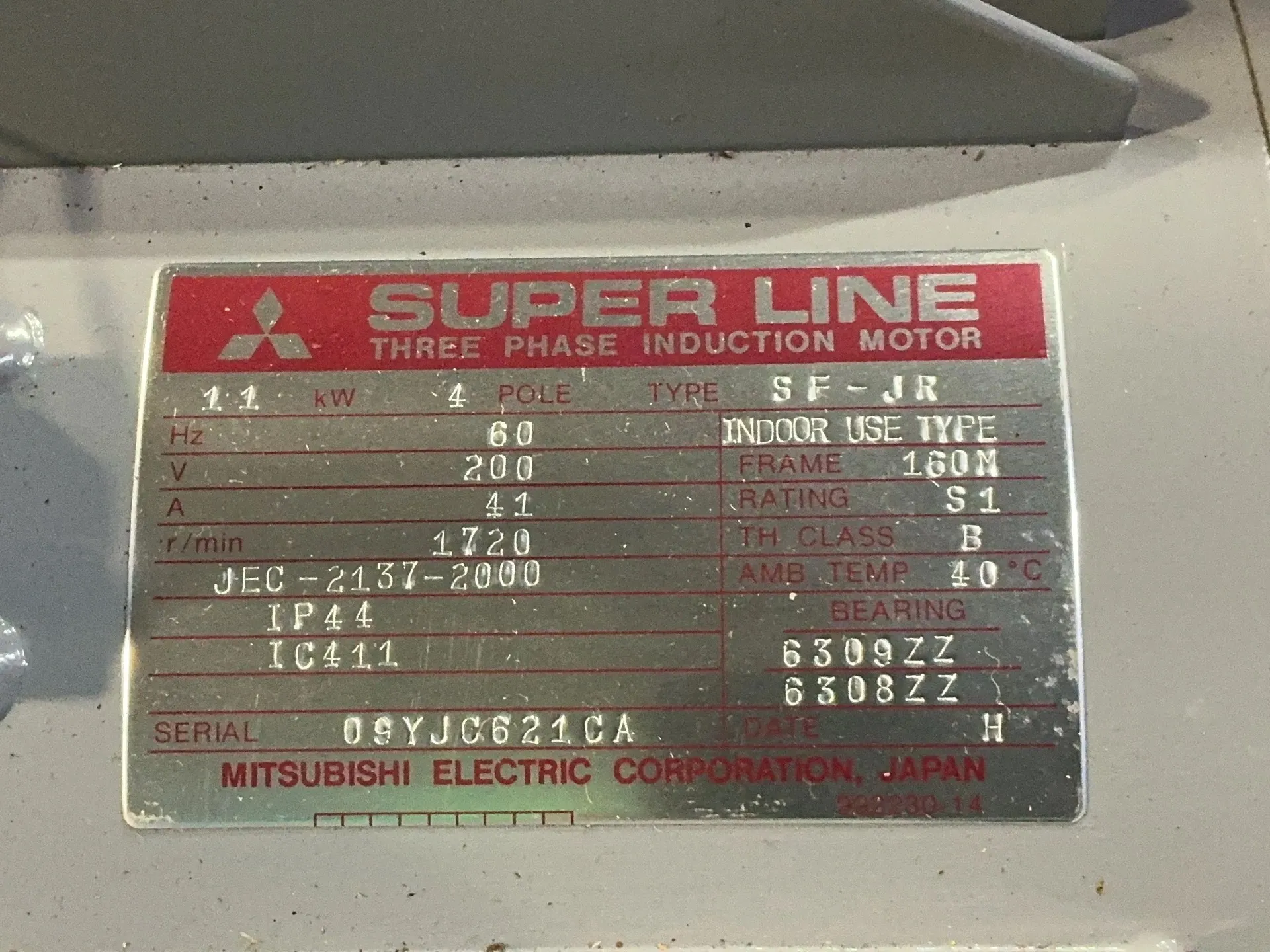 15 HP 1720 RPM Mitsubishi SF-JR, Superline 3 phase, 41 Amps, 200 Volts - Image 3