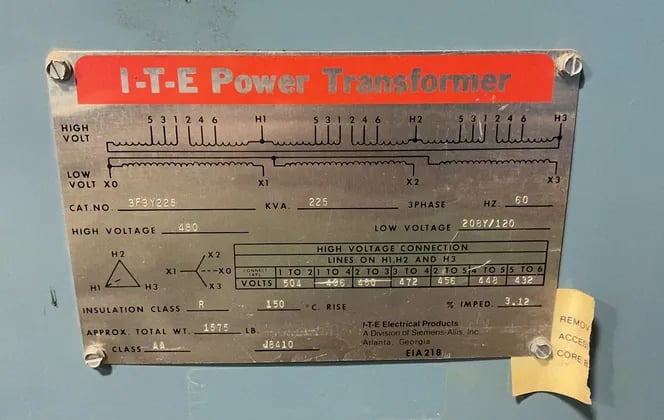 225 KVA 480 Primary, 208Y/120 Secondary ITE Power #3F3Y225, Transformer, 3 phase, 60 Hz, Class AA - Image 2