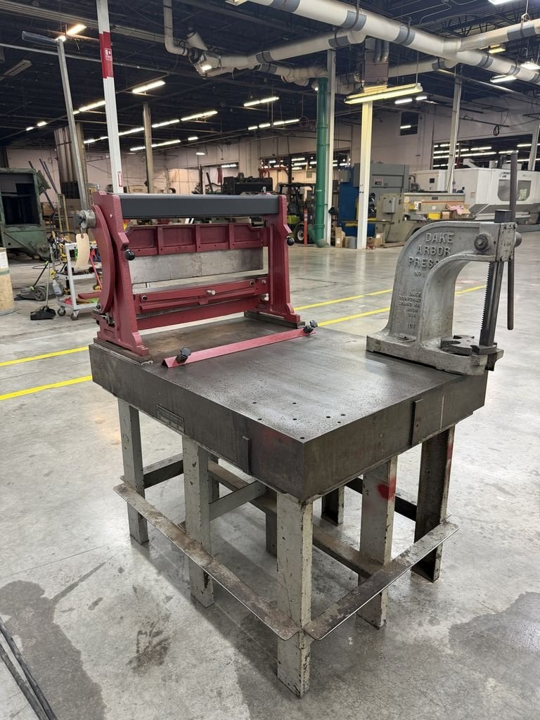 30" Central Machinery shear, press brake & slip roll, Dake #1 arbor press, Challenge Machinery Co. 36" x 48" - Image 5