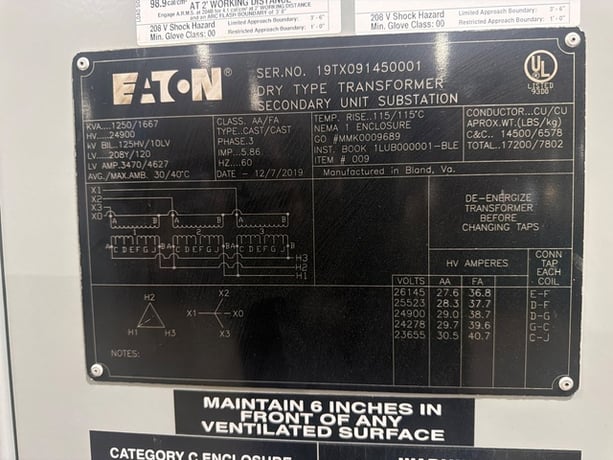 1250/1667 KVA 24900 Primary, 208Y/120 Secondary, Eaton, substation transformer, new, 2019 - Image 3