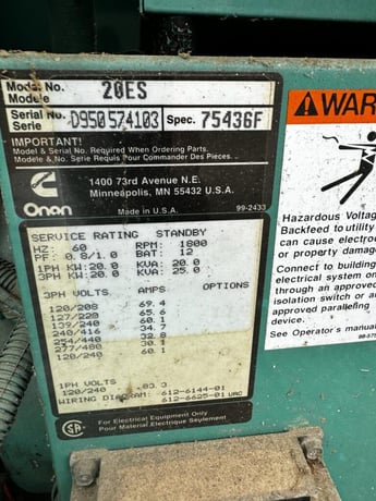 20 KW Cummins Onan #20ES, gas generator set, Ford engine, weatherproof enclosure, 277/480 Volts, 558.7 hours - Image 7