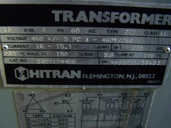 12 KVA 460+/-PC Delta Primary, 460Y/266 Secondary, Hitran, Power Transformer, Class AA, Type DIT, 3ph - Image 4
