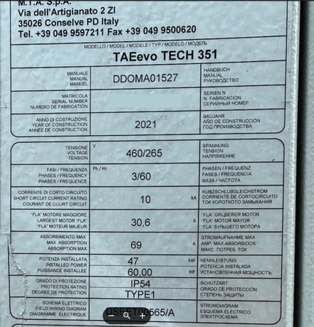 MTA #TAEevo-TECH-351, Chiller, 69 amps max. absorption, centrifugal pump, R-410A refrigerant, 460 Volts, 3PH - Image 2