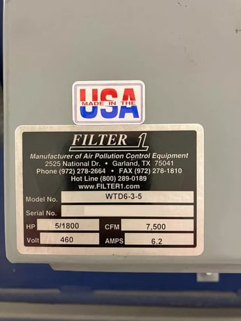 7500 cfm Filter-1 #WTD6-3-5, Dust Collector, 5 HP, 460 Volt, 2007 - Image 3