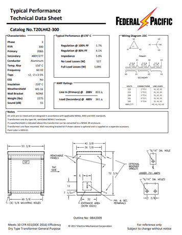 300 KVA 208 Delta Primary, 480Y/277 Secondary, Federal Pacific #T20LH42-300, Step Up Dry Type Transformer - Image 2