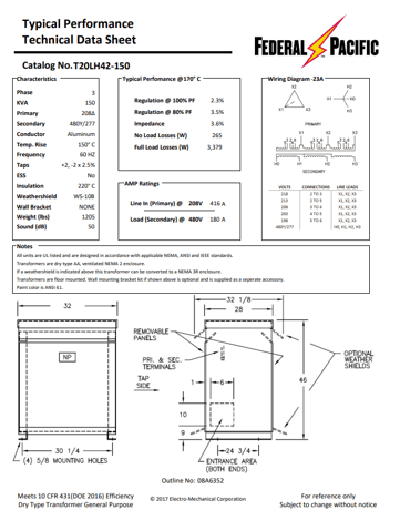 150 KVA 208 Delta Primary, 480Y/277 Secondary, Federal Pacific #T20LH42-150, Step Up Dry Type Transformer - Image 2