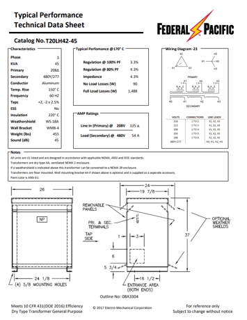 45 KVA 208 Delta Primary, 480Y/277 Secondary, Federal Pacific #T20LH42-45, Step Up Dry Type Transformer, Nema - Image 2