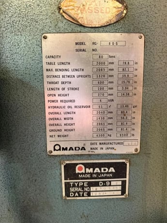 80 Ton, Amada #RG-80, CNC hydraulic press brake, 8' overall, 80.8" between housing, 3.94" stroke, 15.76" - Image 5