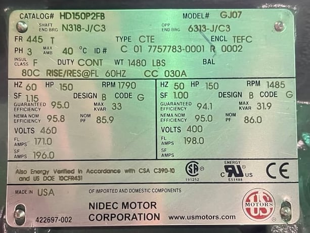 150 HP 1800 RPM U.S. Motors, Frame 445T, TEFC BB, 460 Volts, New Surplus - Image 3