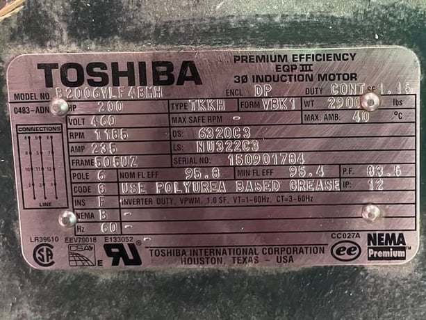 200 HP 1200 RPM Toshiba, Frame 505UZ, Drip-Proof Ball Bearing, 460 Volts, New Surplus - Image 3