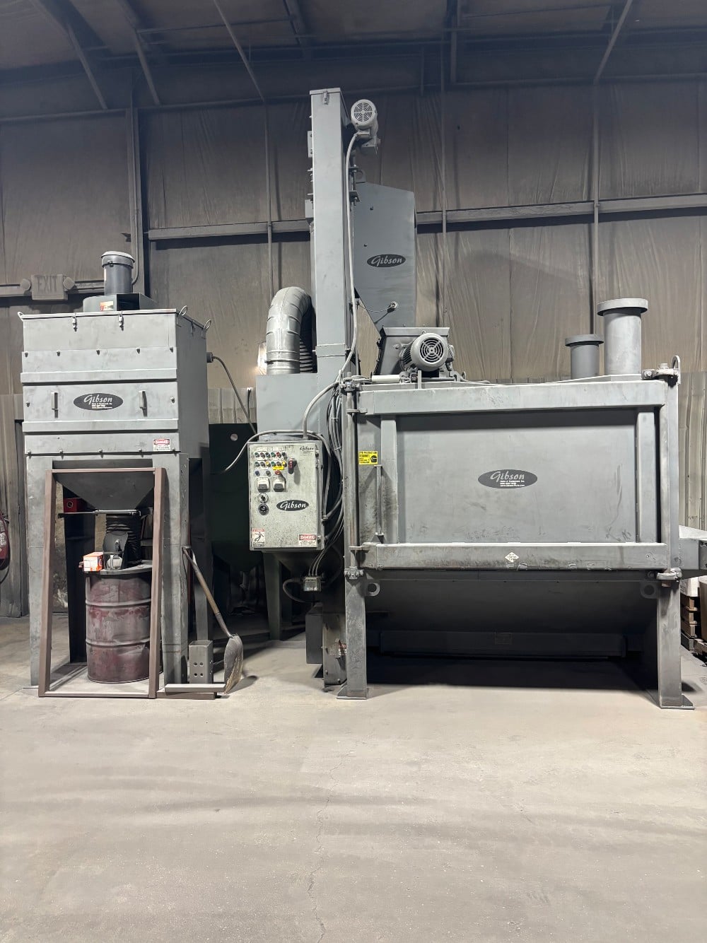 72" Gibson Table Blast, stand alone dust collector, shot trap, 92) 10 HP blast wheels - Image 1