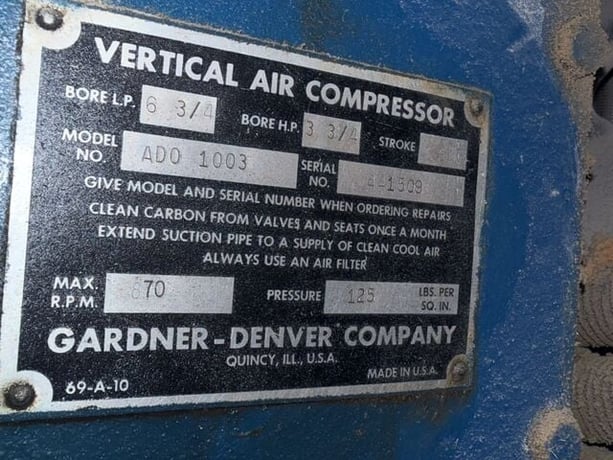 125 psi, Gardner Denver #ADO-1003, Two-Stage Vertical Air Compressor, 870 RPM, 6-3/4" & 3-3/4" bore, 4" - Image 3