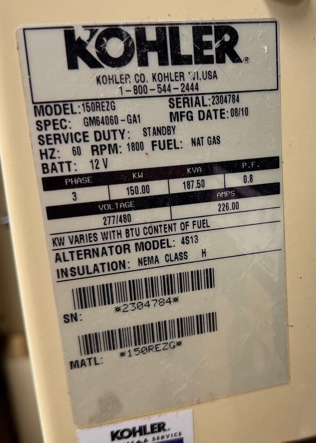 150 KW Kohler #150REZG, Natural Gas Generator, 277/480 Volts - Image 7