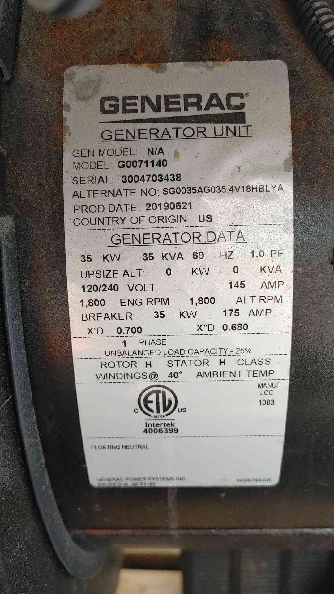 35 KW Generac #G0071140, natural gas generator set, 120/240 Volts, 1PH, 56 hours - Image 3
