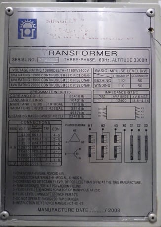 12000/20000 KVA 13800 Delta Primary, 4160Y/2400 Secondary, Sunbelt - Image 1