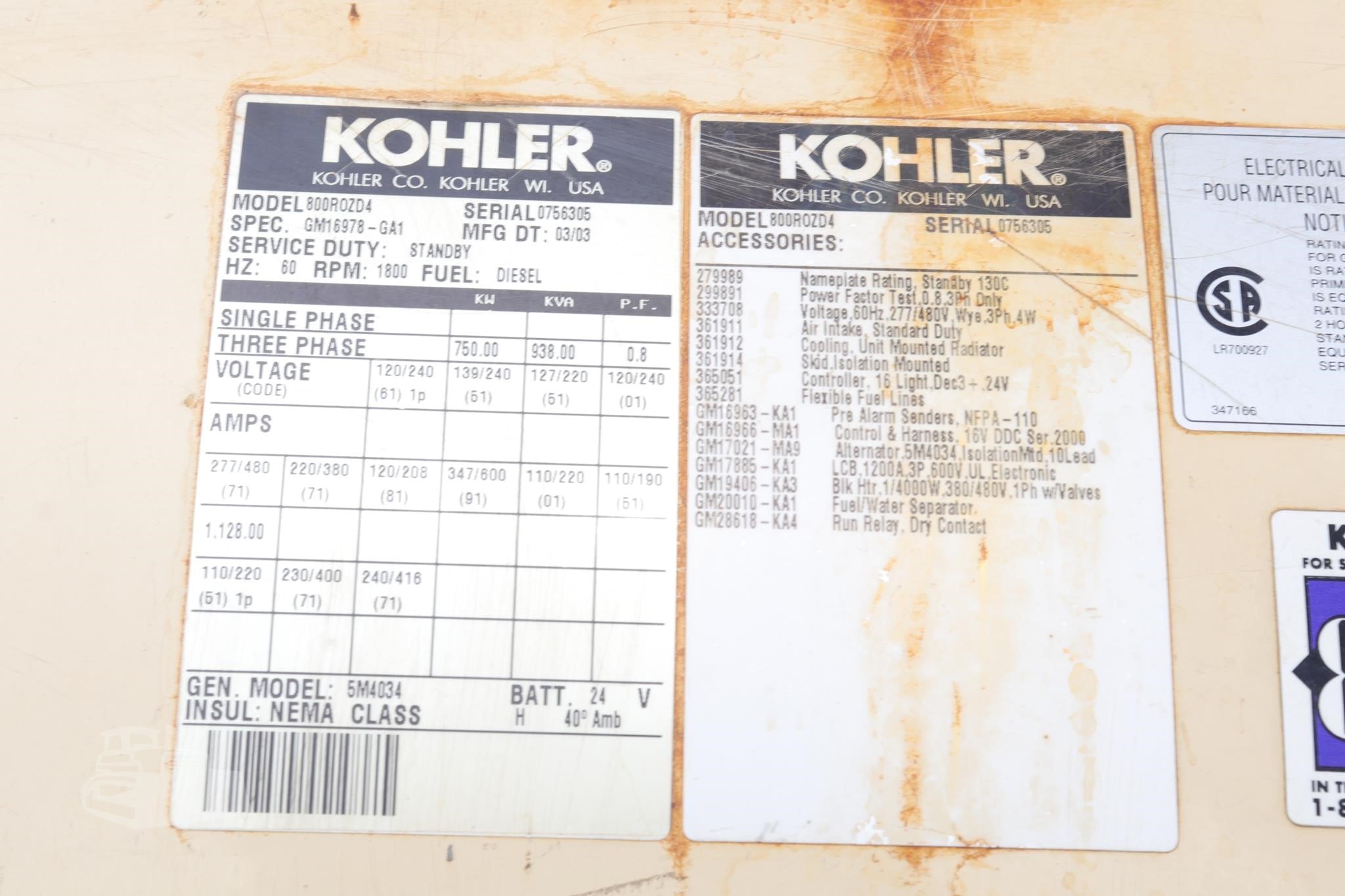 750 KW Kohler #800ROZD4, Diesel Generator Set, 480 Volts, Detroit Diesel 16V2000 engine, 1800 RPM, 3PH, 481 - Image 4