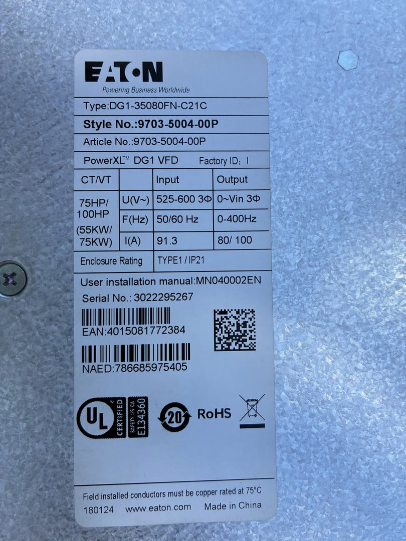 75/100 HP Eaton #DG1-35080FN-C21C, PowerXL Variable Frequency Drive, 525-600 Volts, 80/100 amps, Type 1 - Image 2