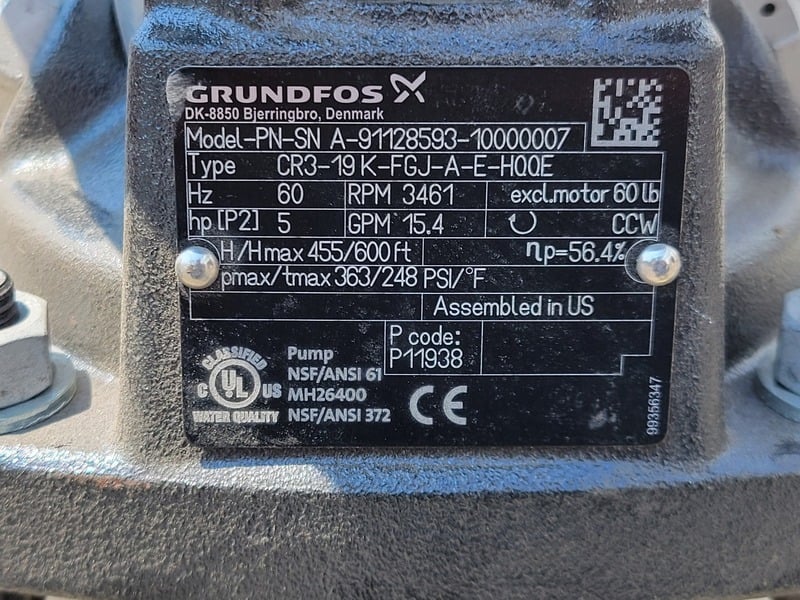 15 GPM @ 455' TDH, Grundfos #CR3-19, Vertical Multistage Centrifugal Pump, cast iron, 5 HP, 3461 RPM, 363 - Image 2