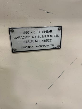 1/4" x 6' Cincinnati #2506, Hydraulic Shear, 7 hold downs, 50 SPM - Image 3
