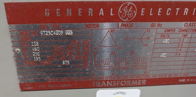 118 KVA 460 Primary, 133/230Y Secondary, General Electric, Dry Type Transformer - Image 1
