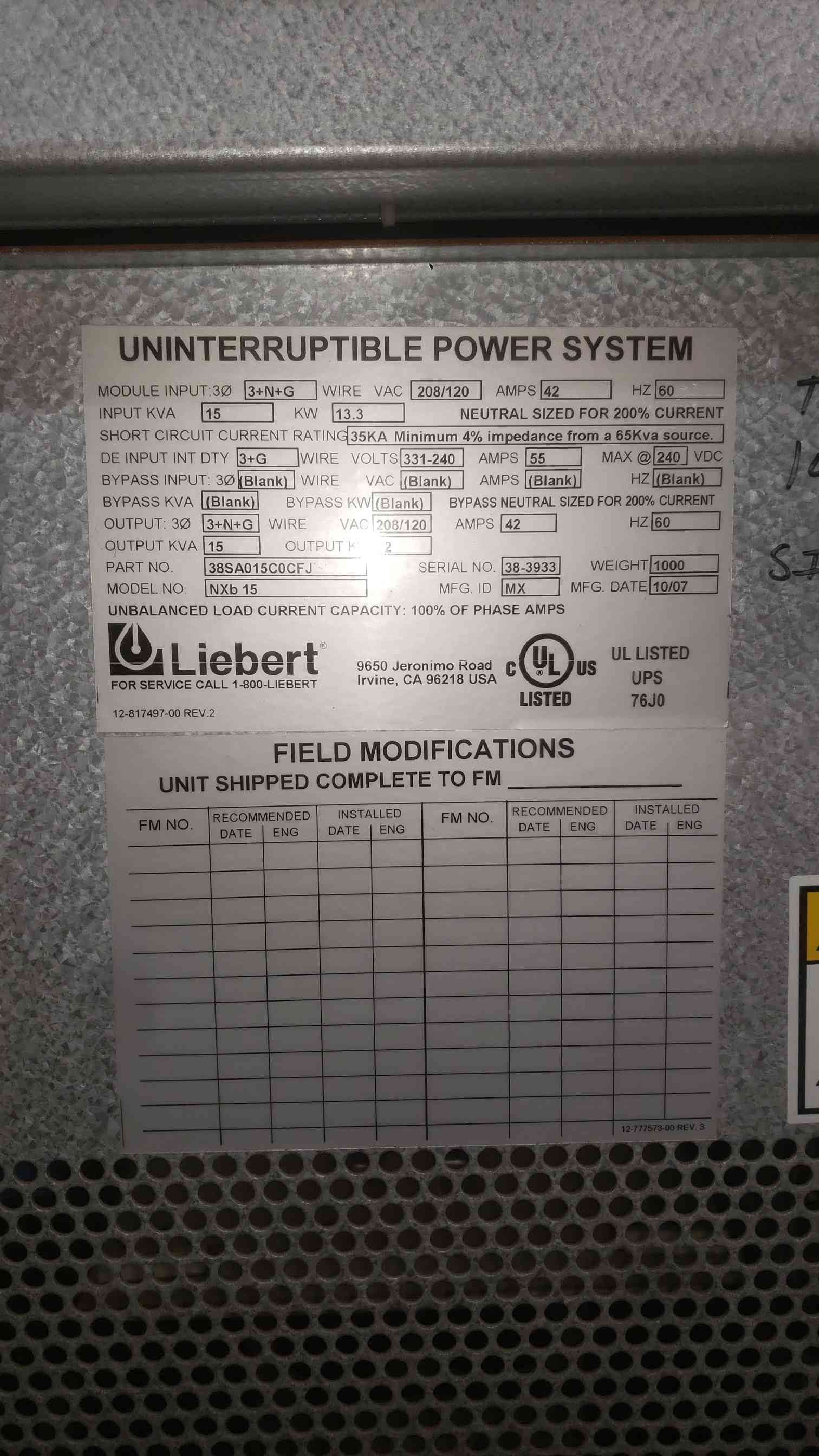 15.0 KVA Liebert #NX, Uninterruptible Power Supply, 3 Phase, Tower, Emerson NXb 15 - Image 5