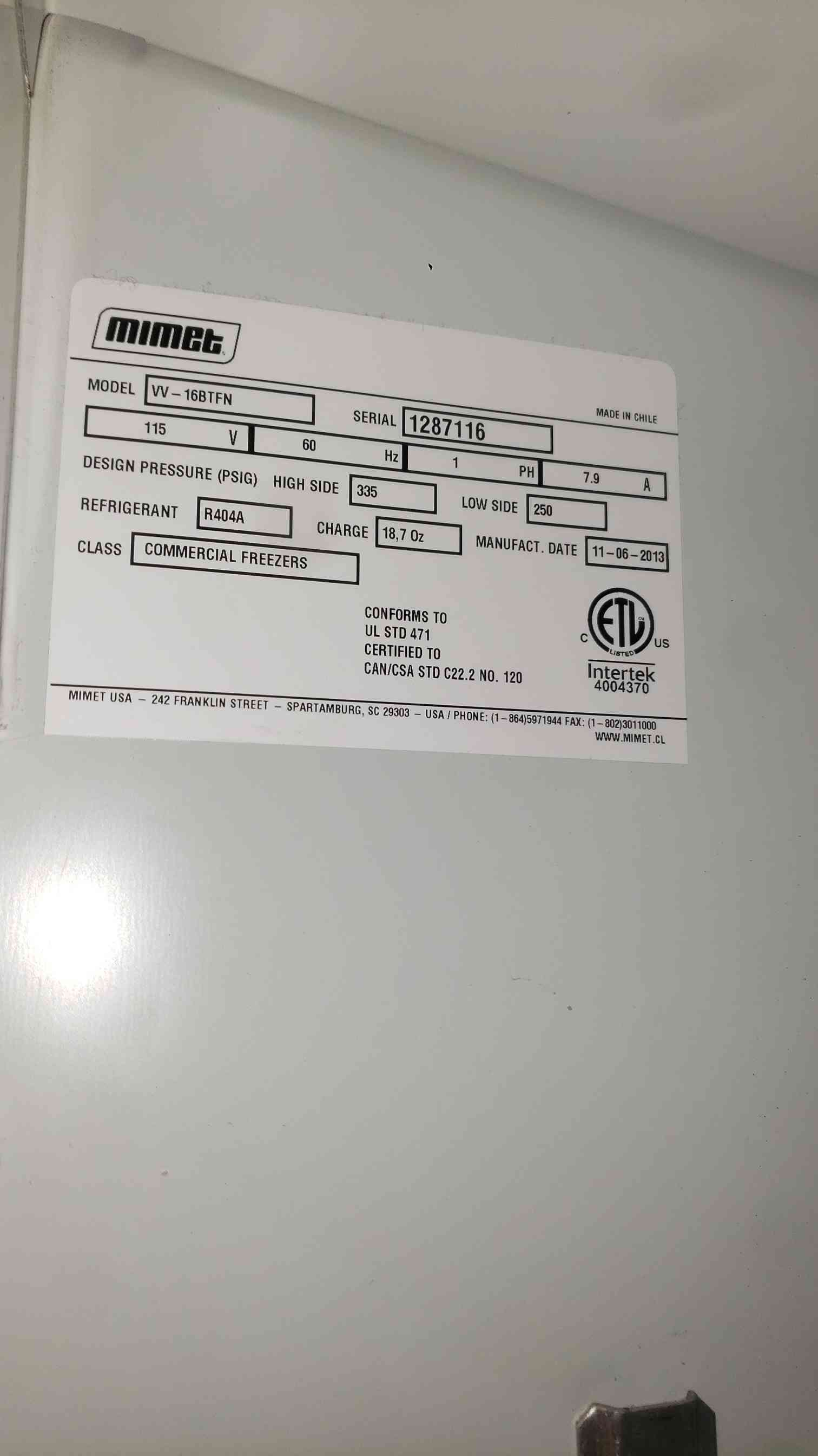 Mimet #VV-168TFN, Commercial Glass Door Display Freezer, 115 V., 7.9 A - Image 2