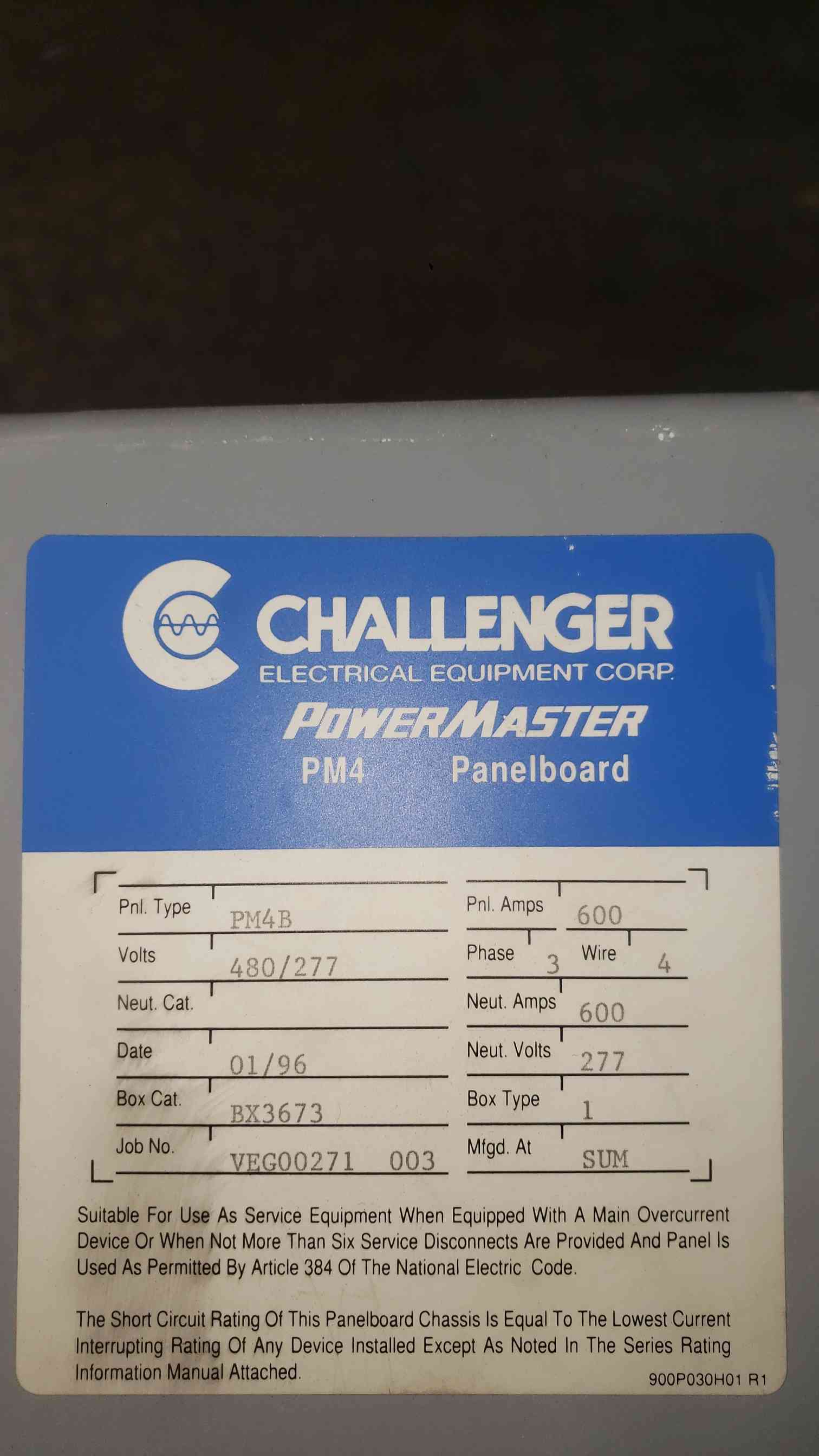 600 Amp. Challenger PM4, Distribution Panelboard, 480 Volts, 3 Phase, 250A & 100A 3-Pole Breakers, AS IS - Image 7
