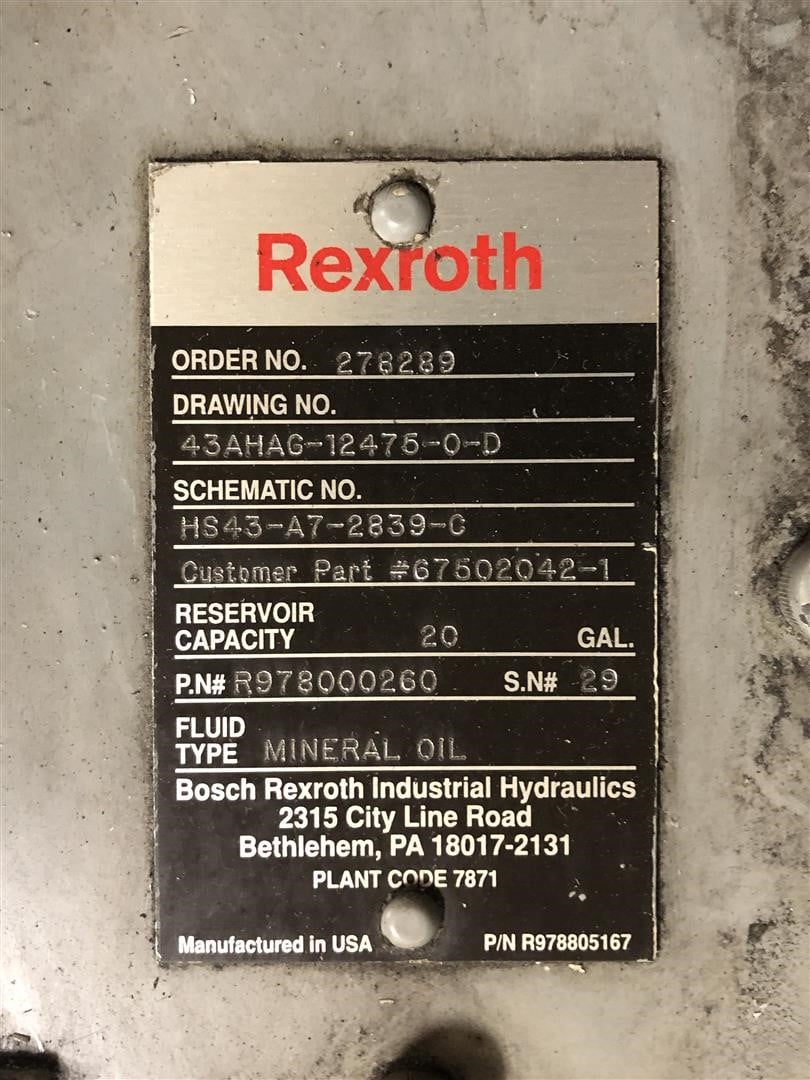 10 HP Rexroth, hydraulic power unit, A10VSO axial piston variable pump, 8.5 GPM, 20 gallon tank, 1750 RPM - Image 3