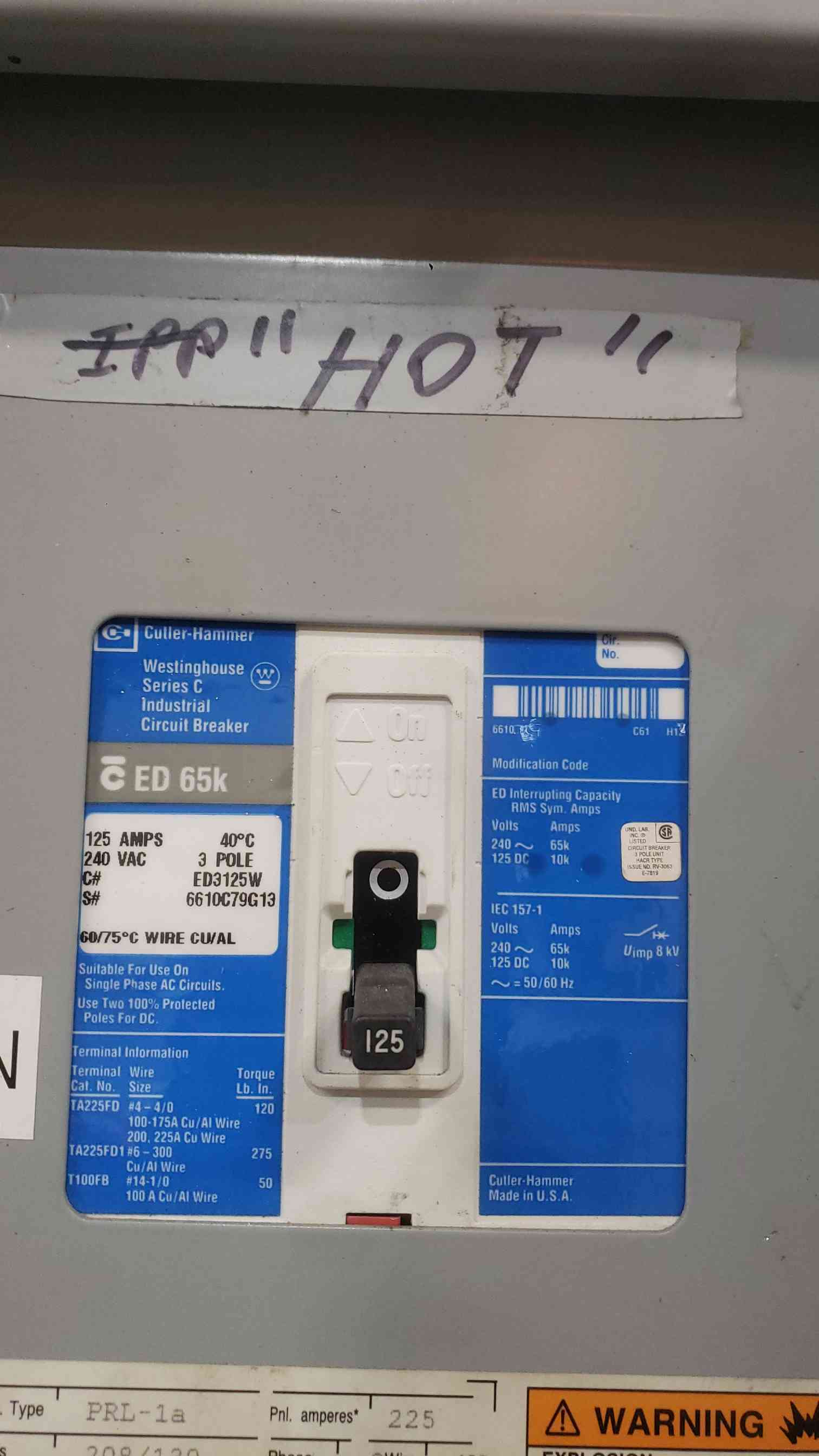 125 Amp. Eaton Cutler-Hammer, PRL1a, YS2048, Panelboard, 3 Phase, Main ED3125W w/ 42x 20A Breakers - Image 5