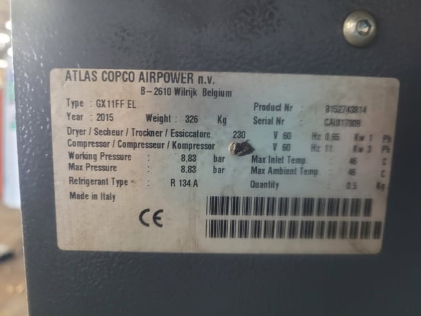 48 cfm, 145 psi, Atlas Copco #GX11FF, oil injeceted rotary screw air compressor, 15 HP, integrated - Image 3