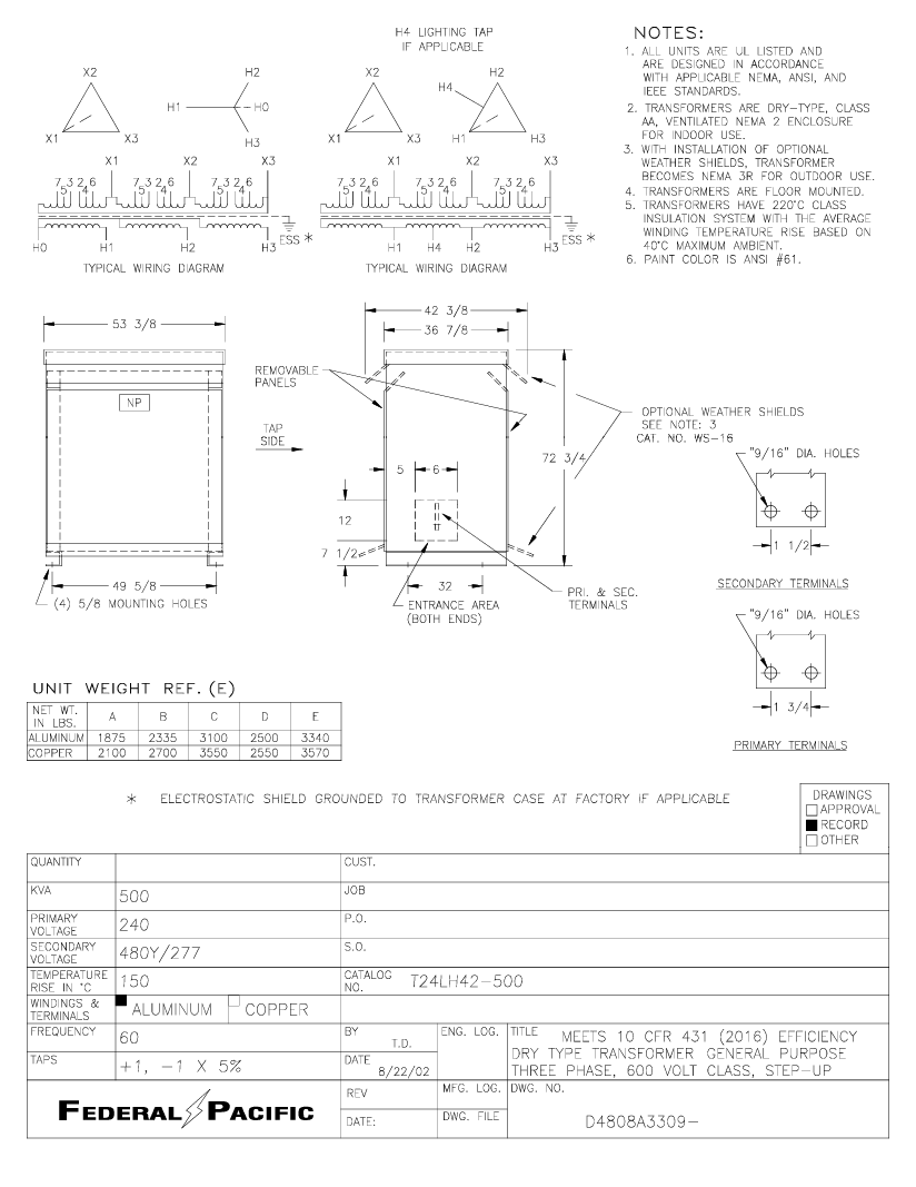 500 KVA 240 Primary, 480Y/277 Secondary, Federal Pacific #T24LH42-500, Step Up Transformer, NEMA 3R - Image 2