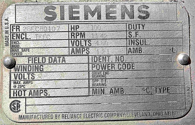 100 HP 1142 RPM Siemens, Frame 26EG5010Z, TEFC, 460 Volts - Image 3