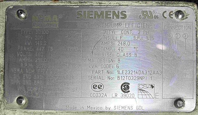 200 HP 3575 RPM Siemens #1LE23214DA312AA3, Frame 447TS, TEFC, 460 Volts - Image 2