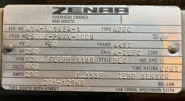 250 HP 1200 RPM Zenar #2500E-PAAN-0008, Frame 449T, TEFC, 460 Volts - Image 2