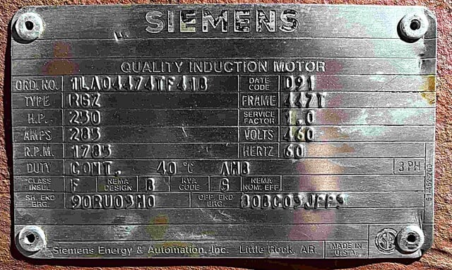250 HP 1785 RPM Siemens, Frame 447T, TEFC, 460 Volts - Image 2