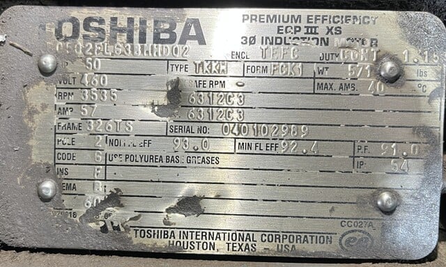 50 HP 3535 RPM Toshiba #B0502FL63BMHD02, Frame 326TS, TEFC, 460 Volts - Image 2