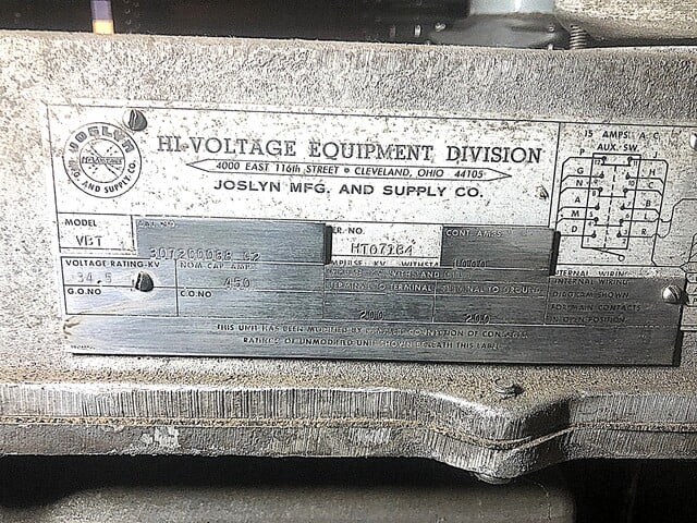1000 Amp. Joslyn #3072C0088-G2, 34500 Volts, 1 Phase, Vacuum Switch - Image 2