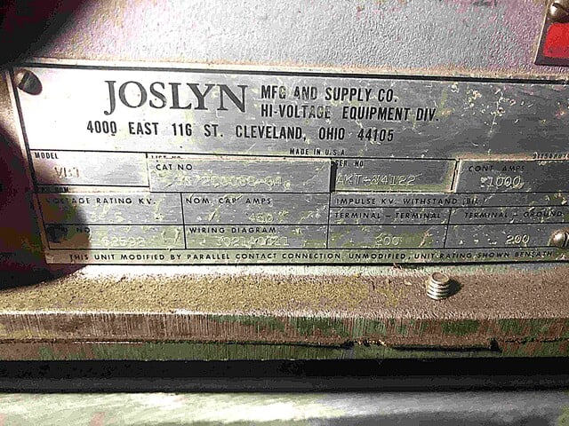 1000 Amp. Joslyn #3072C0088-G4, 34500 Volts, 1 Phase, Vacuum Switch - Image 2