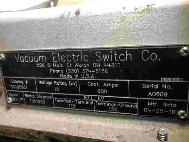 600 Amp, VESCO #1001055G1, 15,000 Volts, 3 Phase, Vacuum Switch (4 available) - Image 3