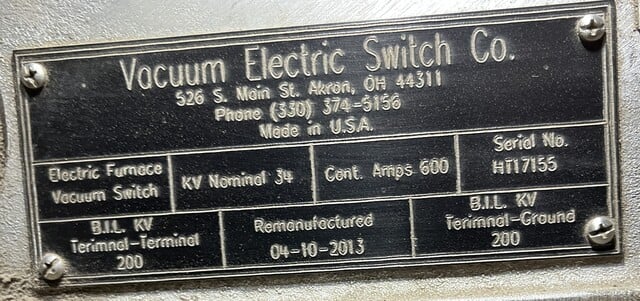 600 Amp, Joslyn #3072000090-G2, 34,000 Volts, 1 Phase, Vacuum Switch - Image 2